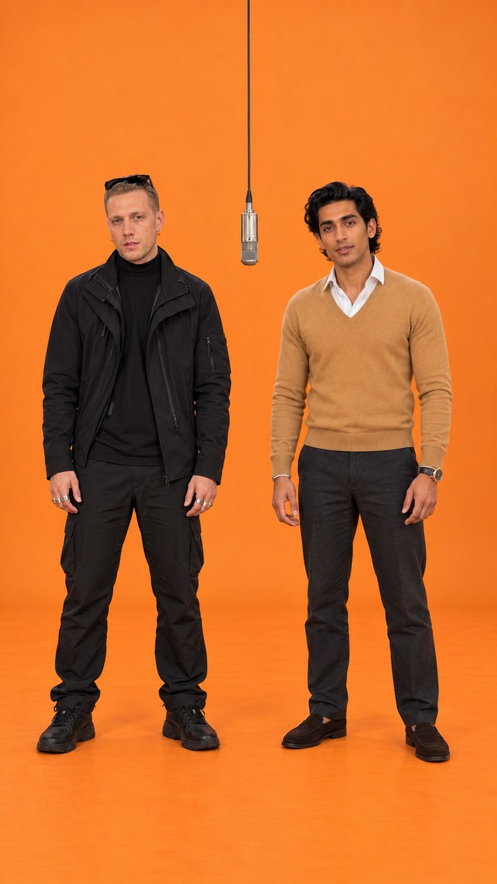 Two performers in an existing orange-studio Hotel Lobby AI duet example